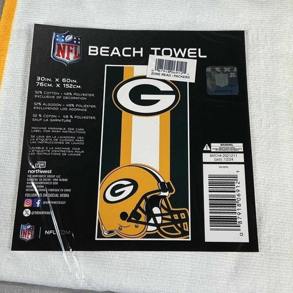 Green Bay Packers NFL Beach Towel 30x60 Cotton Blend White Green Gold New